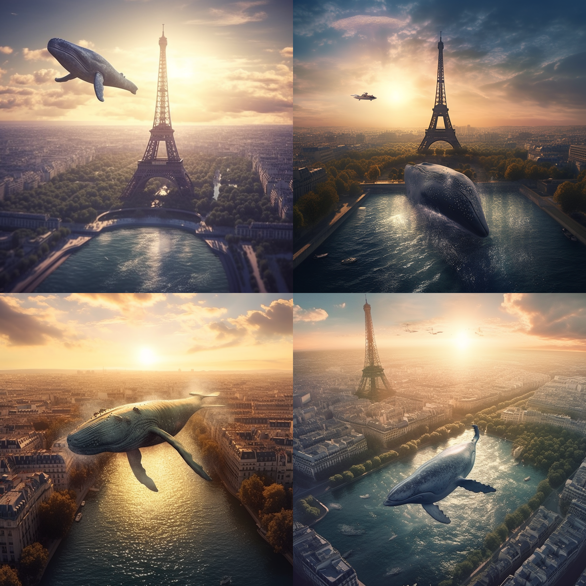 Test réalisé sur Midjourney avec le texte suivant : a whale swimming above Paris and the Eiffel Tower with a super sun / hyper realistic photo